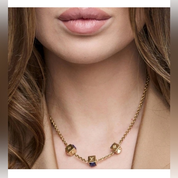 πLOUIS VUITTON Gamble Lucky Dice Swarovski Crystal Gold Tone Necklace Full Inc - Picture 3 of 17